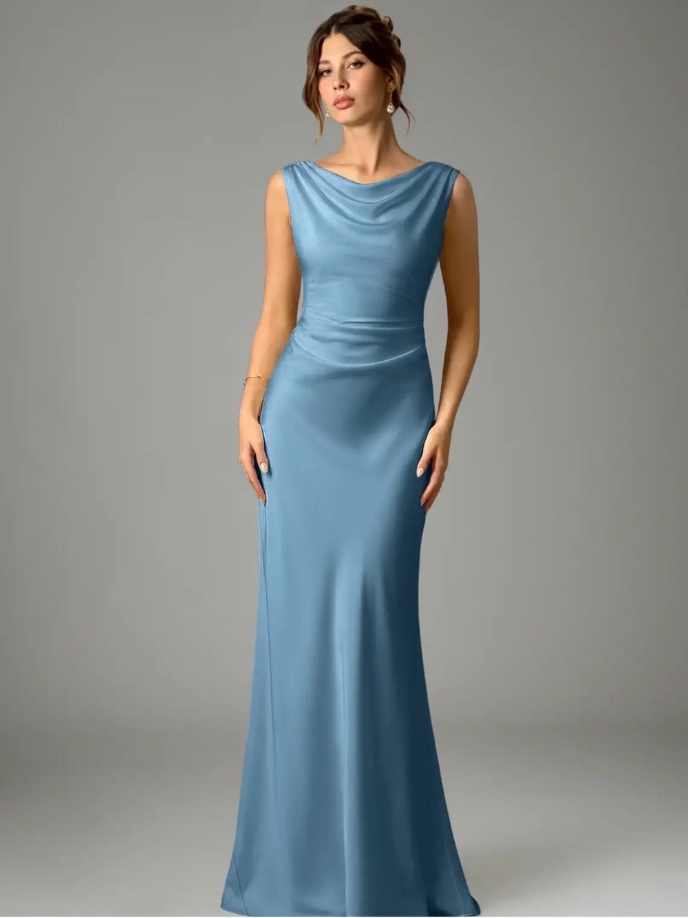 Azazie Dusty Blue Satin Cowl-Neck Maxi Dress